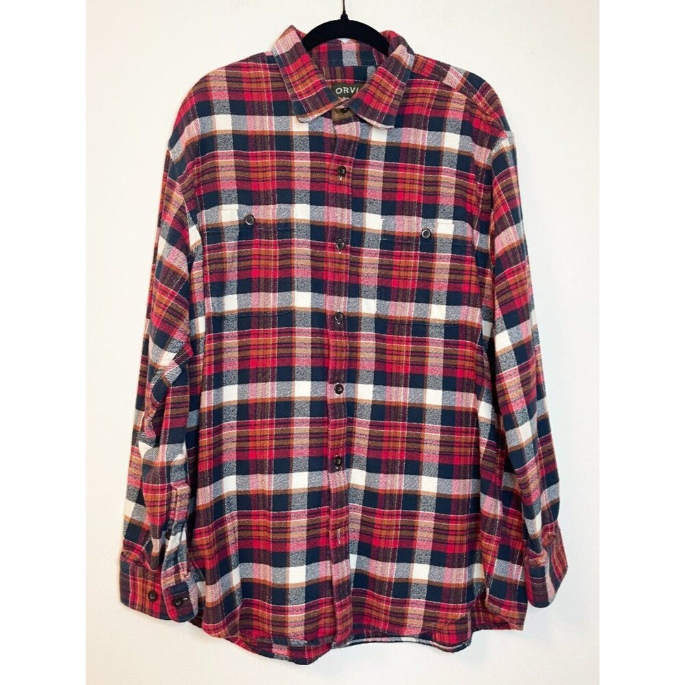 Orvis Perfect Flannel Shirt Men's XL Red Plaid Button Front 100% Cotton Camping